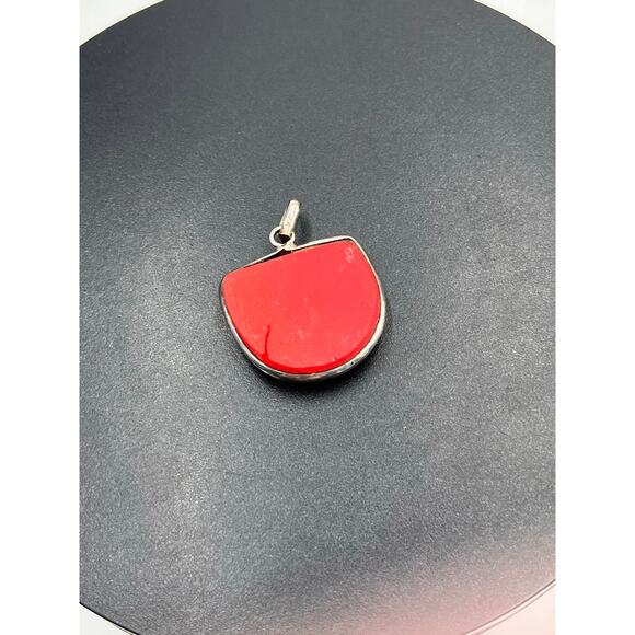 Bright Red Coral Stone and Sterling Silver 925 Pendant - Picture 5 of 7
